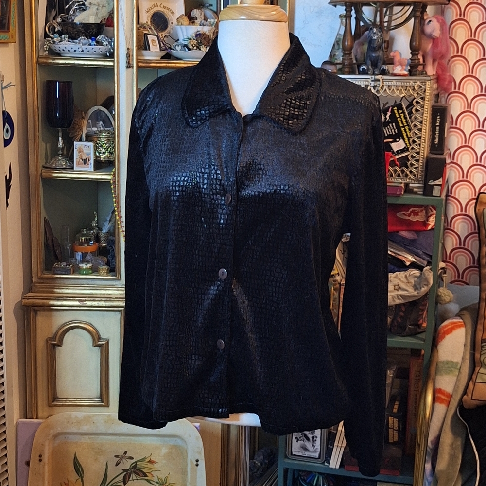 Vintage Velvety Black Snakeskin Button Down Shirt VICTORIA MOON Size 8